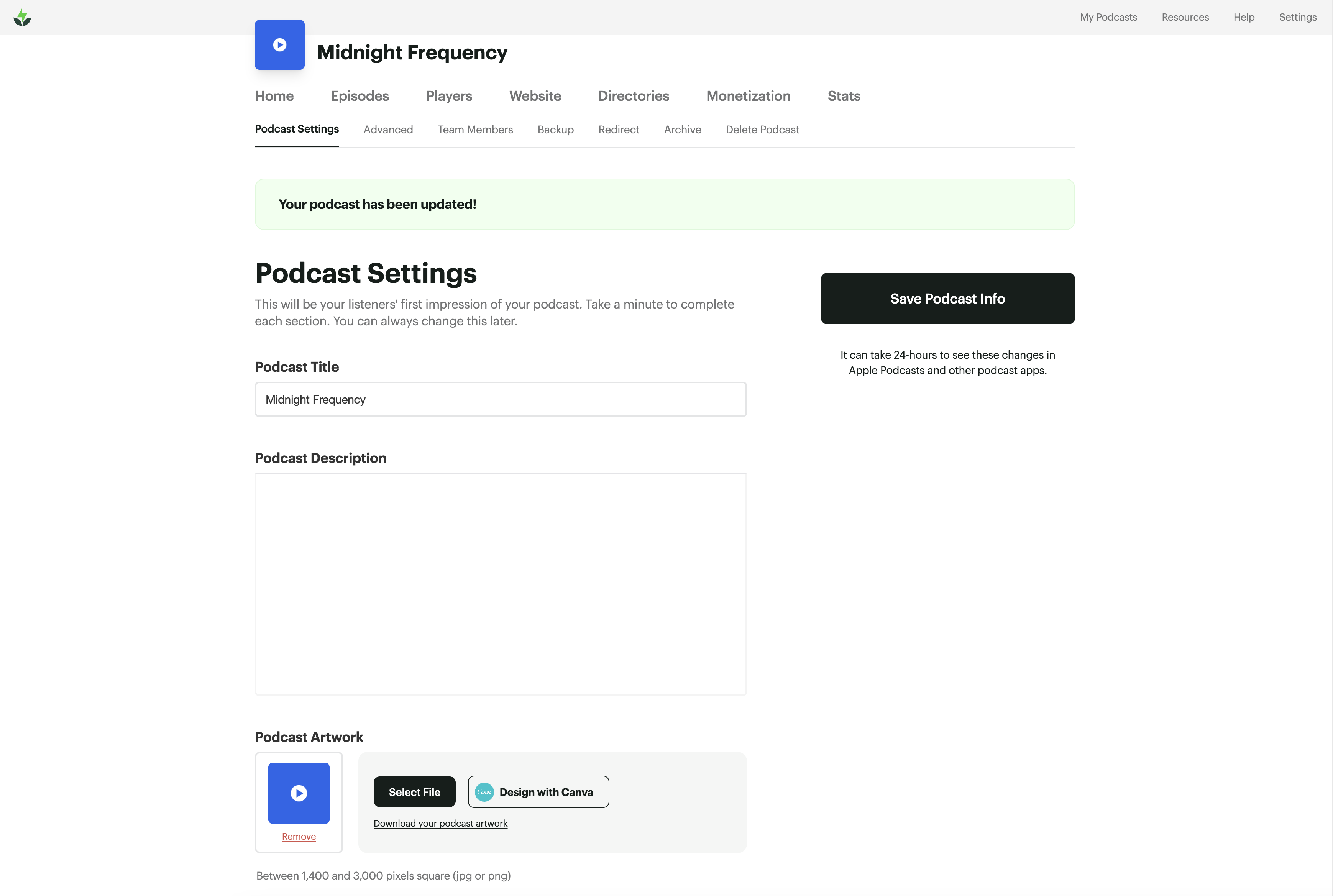 Buzzsprout's clean, beginner-friendly settings
