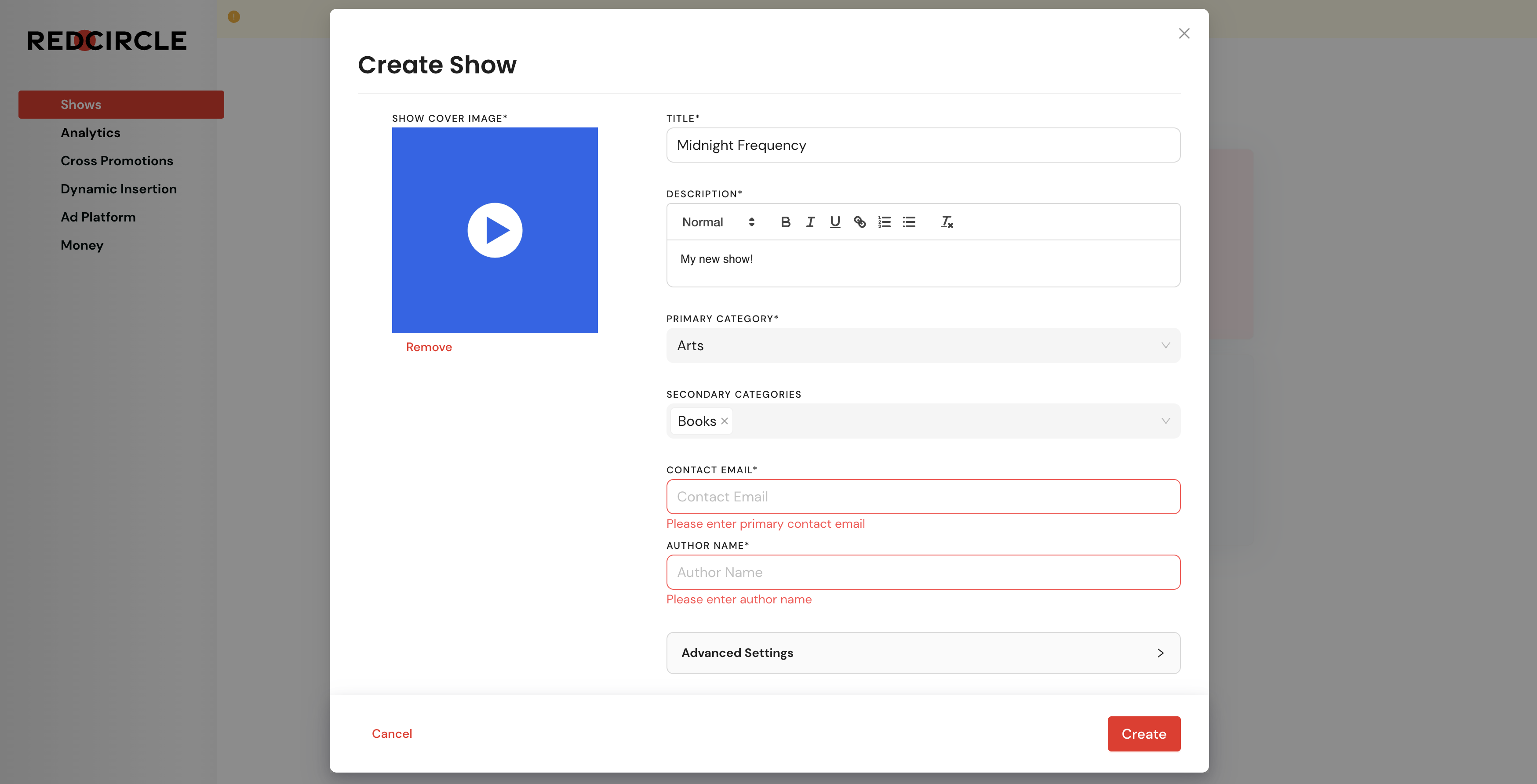 Creating a show in RedCircle, with its monetization tools in the sidebar