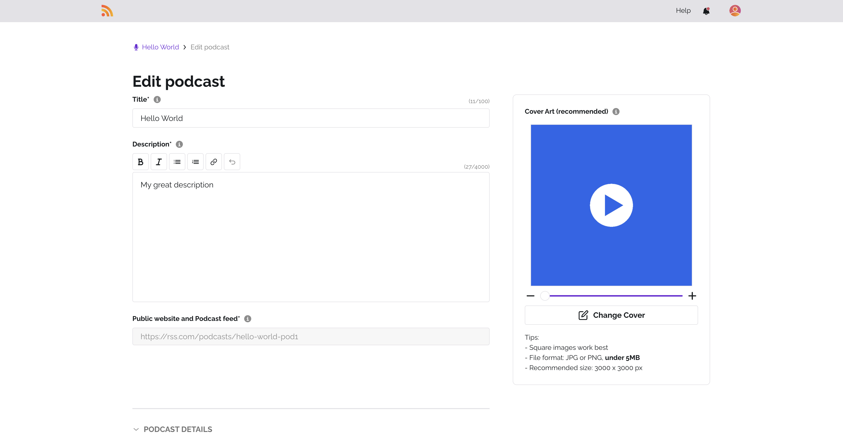 Editing podcast details on RSS.com
