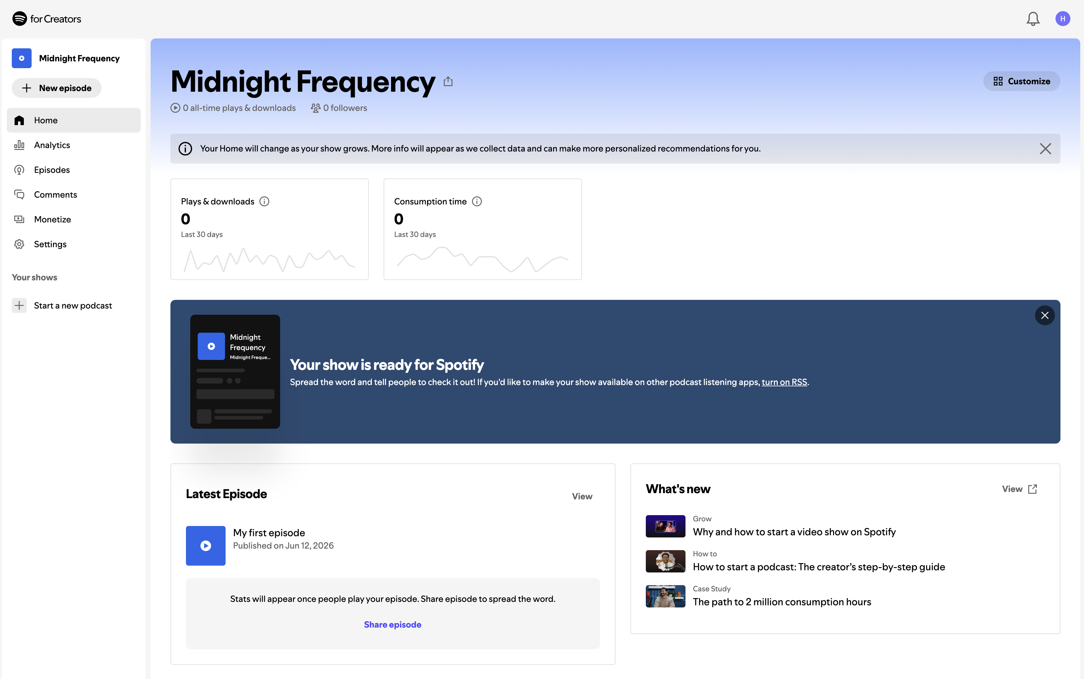 The Spotify for Creators dashboard